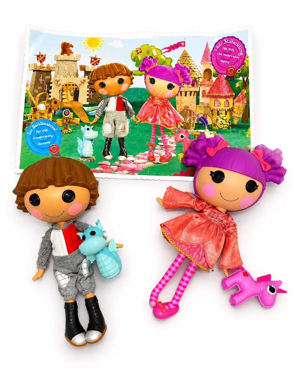 Lalaloopsy Lady Stillwaiting & Sir Battlescarred Dolls w/ Pets + Poster HTF 12”